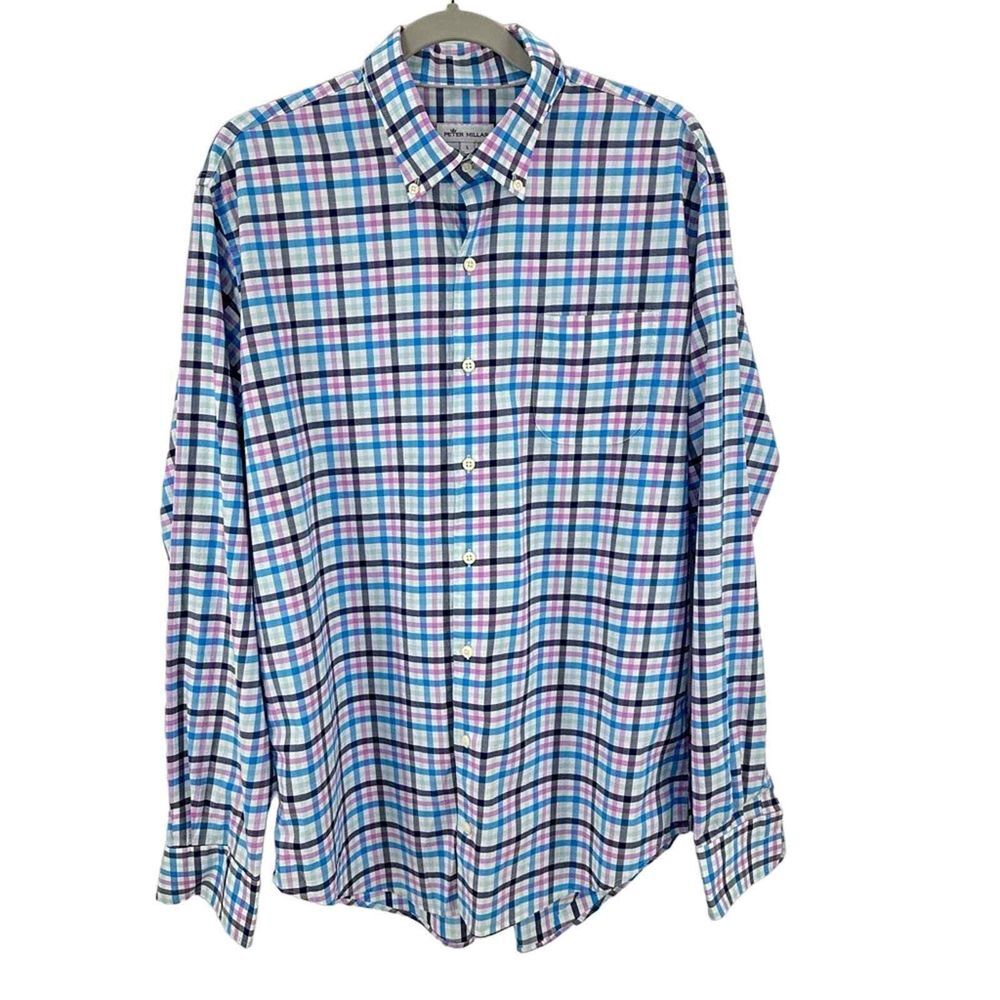 Peter Millar Pink Blue Plaid Button Down Shirt Men's Size LARGE